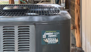 Close Up Hvac Unit With Sticker and SEER rating to help homeowner not make mistake of choosing low efficiency AC