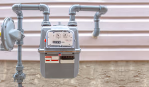 residential gas meter outside pink suburban home
