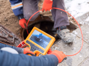 drain line inspection being performed by plumbers