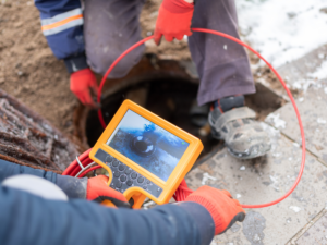 drain line inspection being performed by plumbers