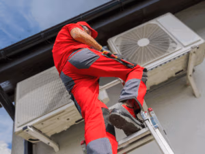 HVAC tech on ladder troubleshooting AC unit