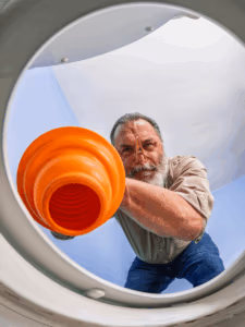 man blocking nose while attempting to unclog toilet 