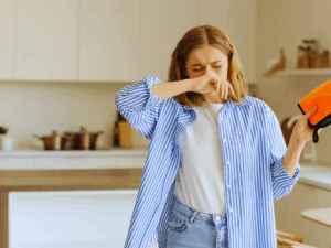 woman sneezing because of dust in home