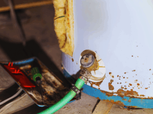 old water heater with garden hose attached to it in order to flush it