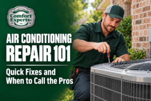 Comfort Experts technician performing air conditioning repair on an outdoor AC unit.