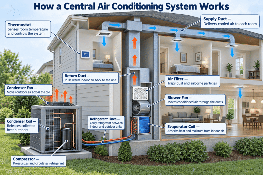 Diagram of an air conditioning system with labeled parts and functions
