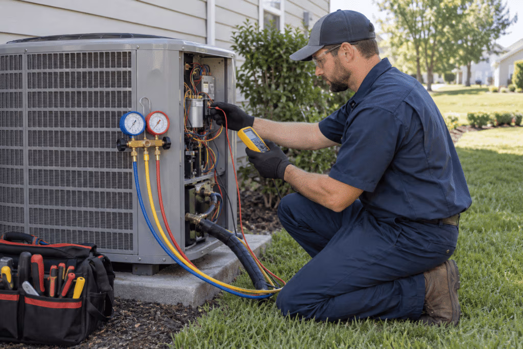 Technician using tools to troubleshoot a home air conditioning unit