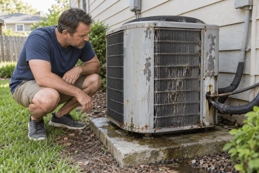 Homeowner examining an air conditioner with noticeable leaks and wear