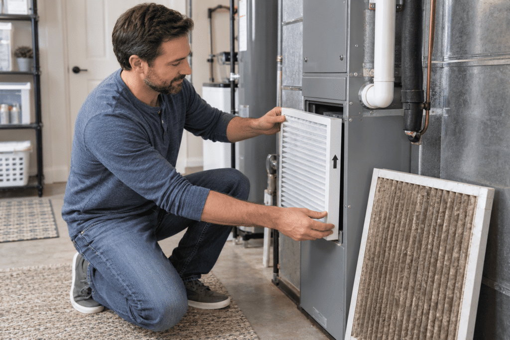 Homeowner replacing an air filter in a residential air conditioning system