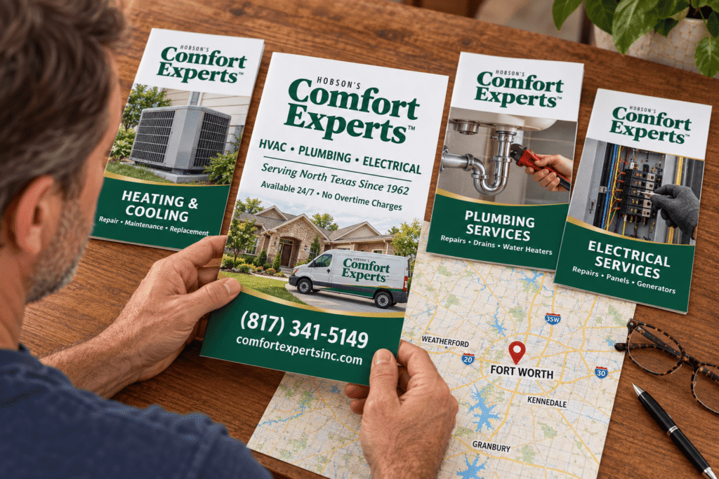 Selection of HVAC service provider brochures spread out on a table with a map of Atlanta