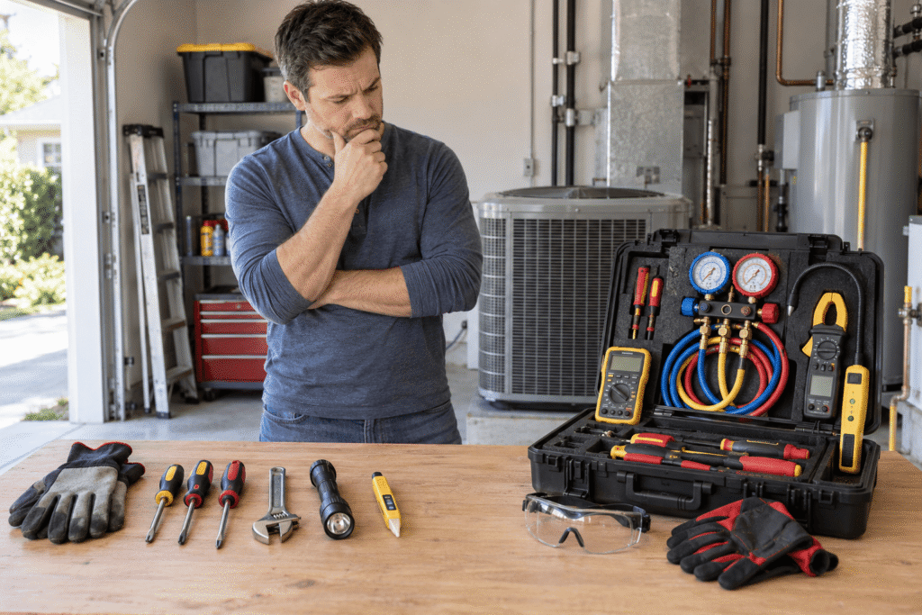 Person comparing DIY repair tools with a professional service toolkit