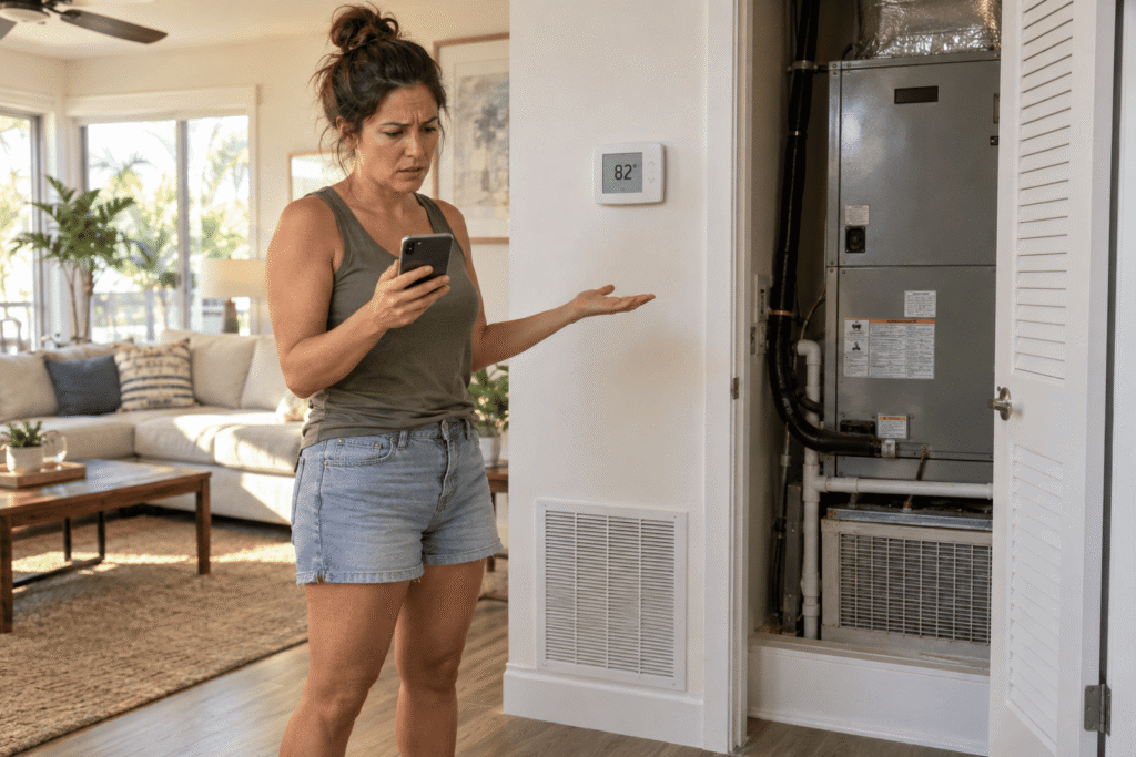 Frustrated individual looking at a malfunctioning air conditioning unit with a phone in hand
