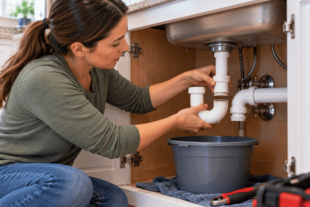 Homeowner removing a sink P-trap with a bucket underneath to clear a clogged drain.