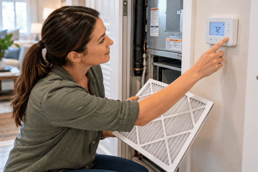 Homeowner safely inspecting an air conditioner thermostat and checking a clean air filter before calling an HVAC technician.