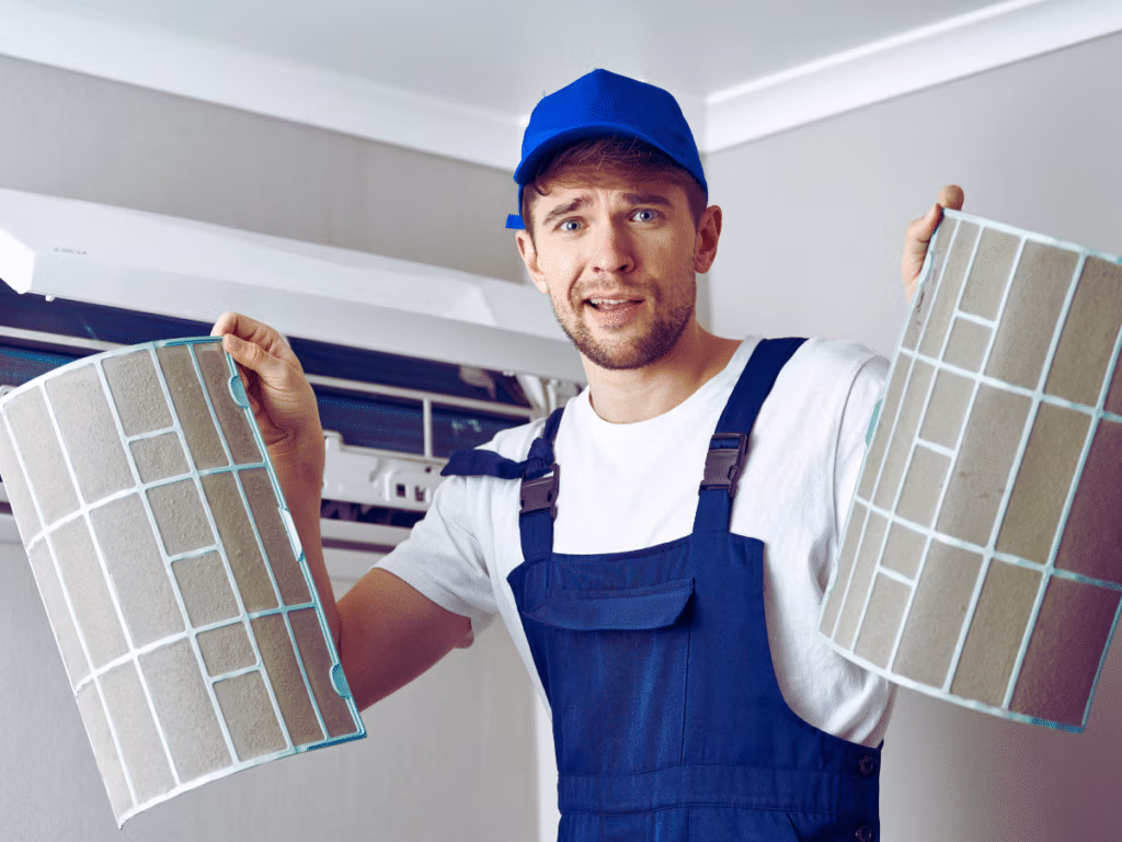 HVAC tech holding up dirty mini split filters