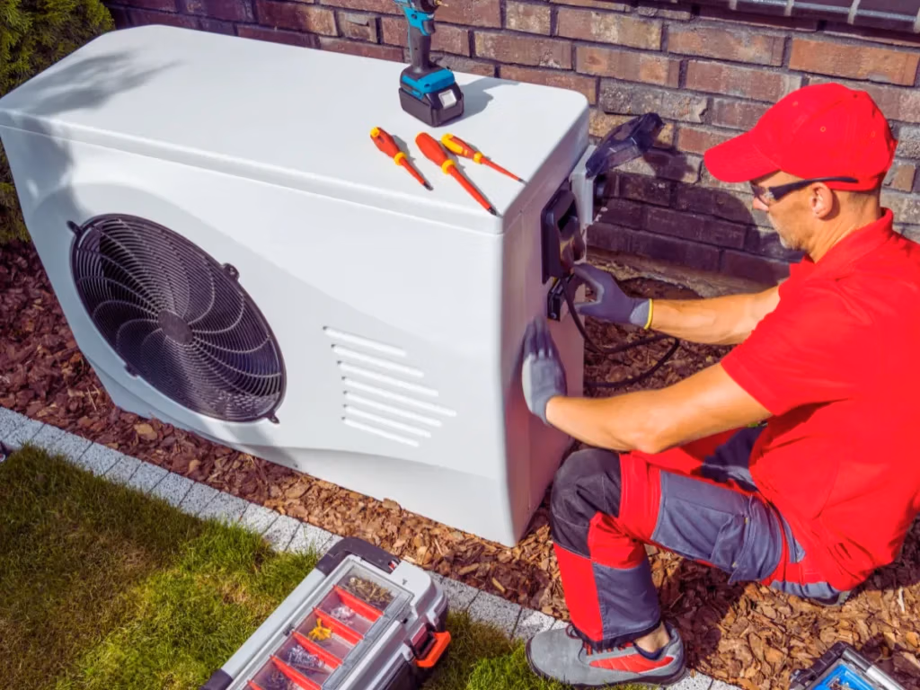 HVAC tech working on heat pump unit
